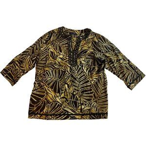Jones New York Women's Brown Leaf Lightweight 3/4 Sleeve V Neck Blouse Size 3X